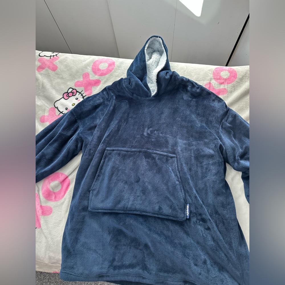 Unisex navy blue and white fuzzy Huggle Hoodie one size